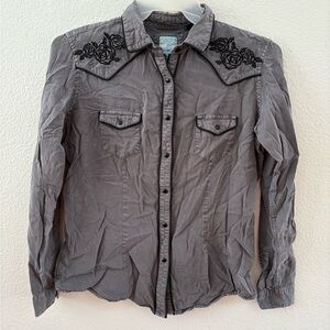 Panhandle Slim rough stock rose embroidered grey snap up shirt tencel SZ M